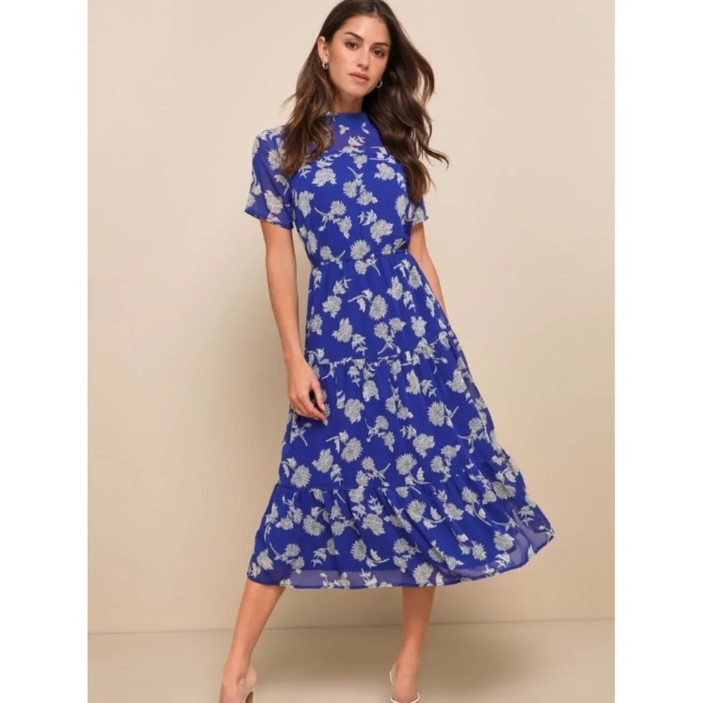Lulu's Floral Dressed Up Royal Blue Floral Print Midi Dress party wedding guest